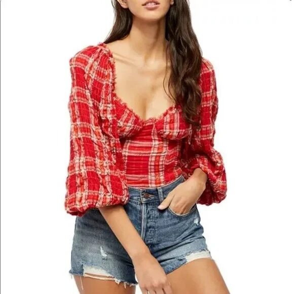 Free People Cherry Bomb Madras Plaid Blouse Top In Red Gingham Plaid Size Large - Picture 3 of 7